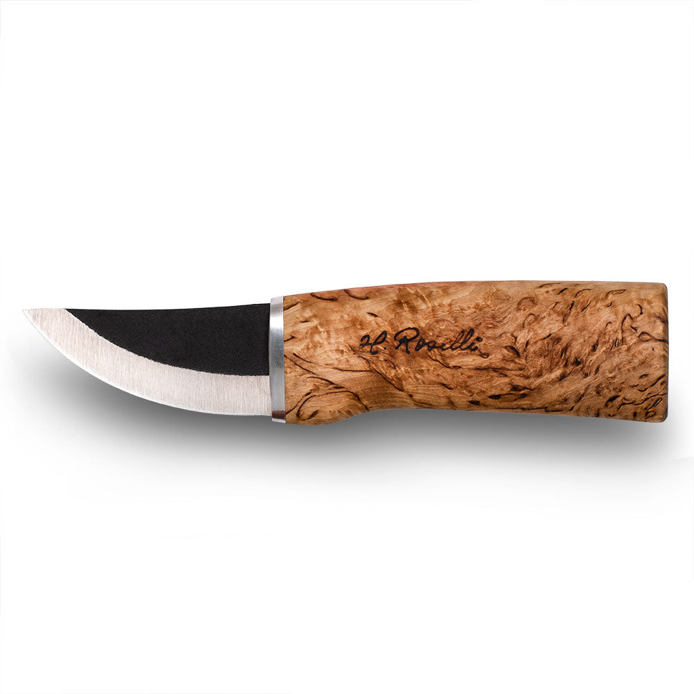 Finsk handgjord jakt och friluftskniv från Roselli i modellen "Grandfather knife" kommer med ett exklusivt handgjort läderfodral med renskinnsdetaljer