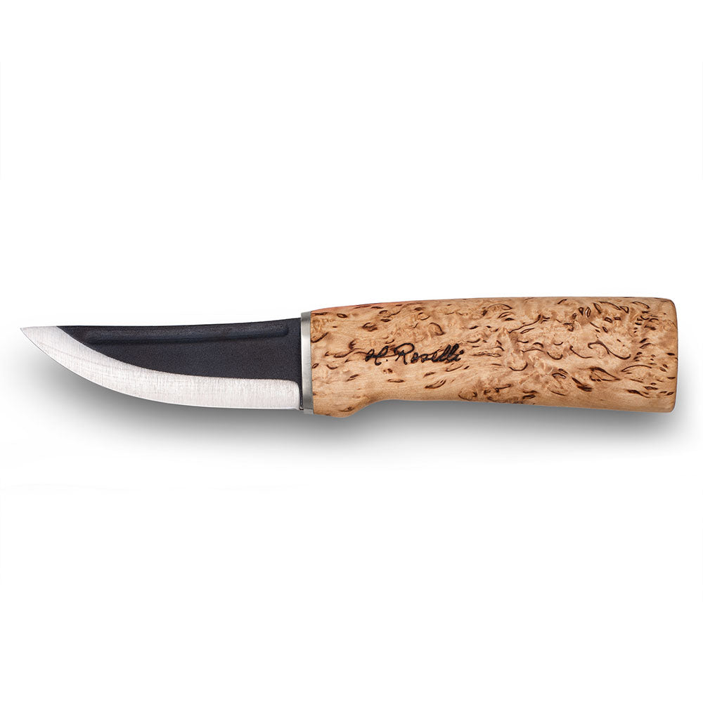 Finsk handgjord jaktkniv från Roselli med kolstål och handtag gjort på masurbjörk som kommer med ett ljust naturgarvat läderfodral