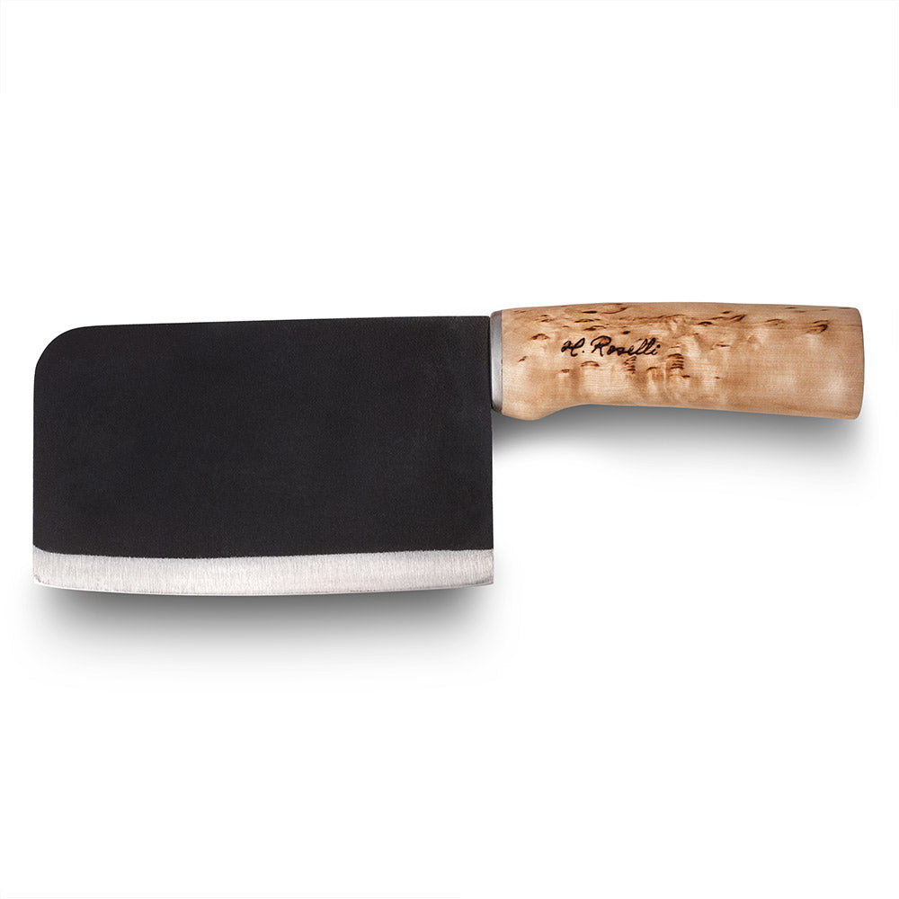 Rosellis finska handgjorda kökskniv i modellen "Chinese Chef knife" gjord på kolstål och handtag av masurbjörk.