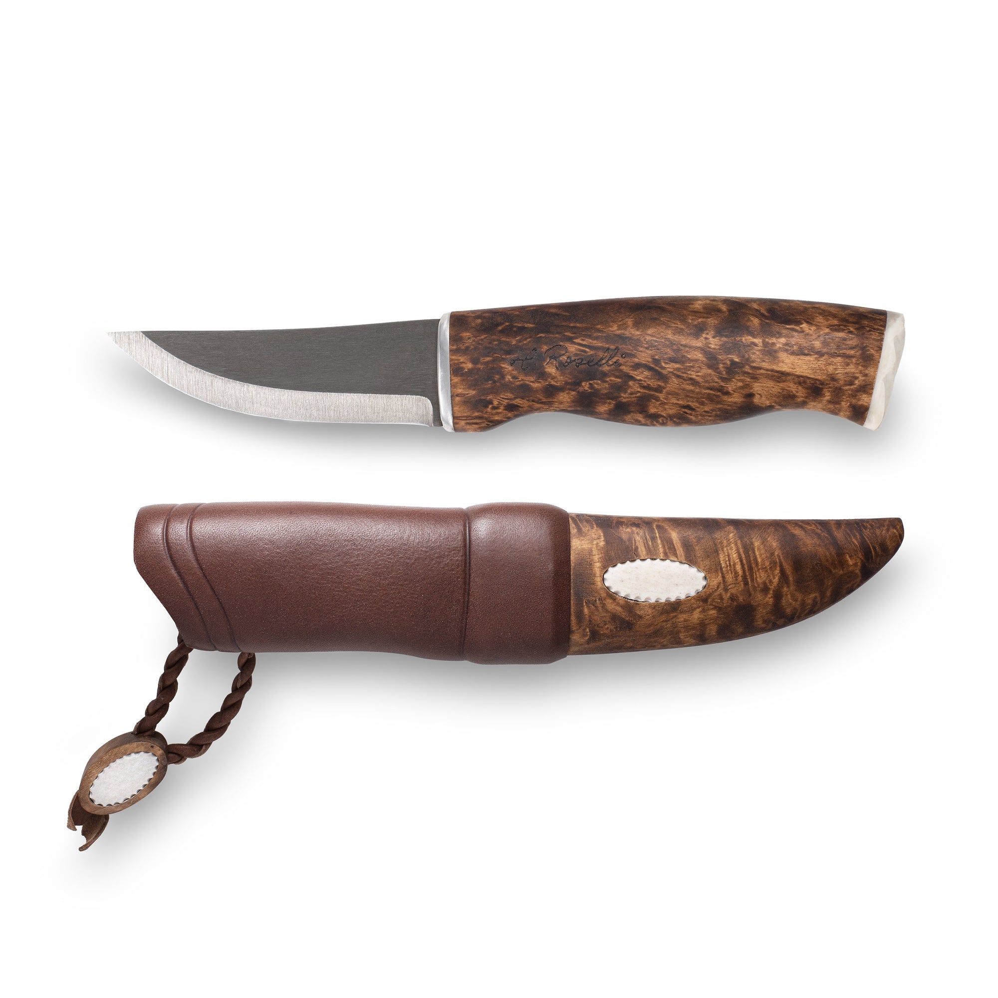 Finsk handgjord jaktkniv med detaljer av renhornsmycke från Roselli i modellen "hunting knife nalle renhorn"