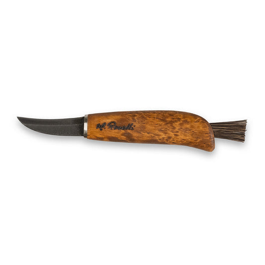 Finsk handgjord svampkniv tillverkad av kolstål och masurbjörk. Levereras med ett handgjort läderfodral och en svampborste i arenga-fiber.