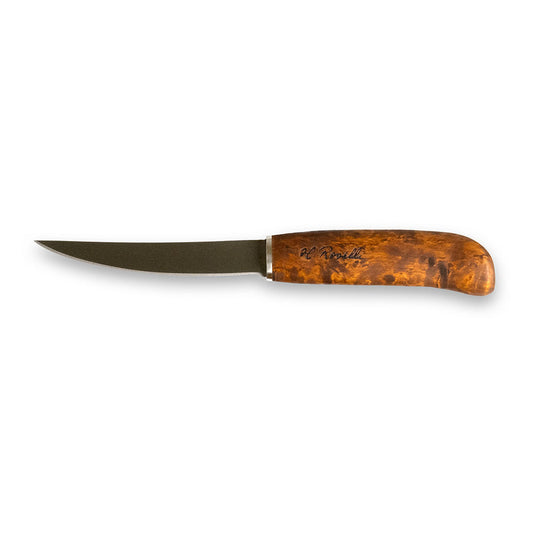 Handgjord finsk liten filé och fiskkniv som flyter. Gjord på kolstål och betsad masurbjörk. Levereras med ett handgjort läderfodral. 