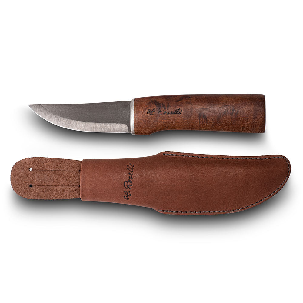 Finsk handgjort jaktkniv från Roselli med knivblad av kolstål och handtag av masurbjörk. 