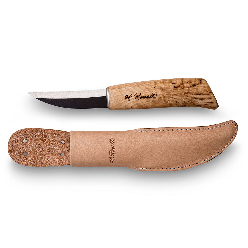 Handgjord finsk fiskkniv från Roselli i modellen "buköppnare" vass spets som kommer med ett handtag gjord på värmebehandlad masurbjörk