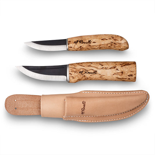 Finska handgjorda jakt och friluftsknivar från Roselli i ett ljust kombo fodral som kommer i modellerna "hunting knife" och "Carpenter knife"