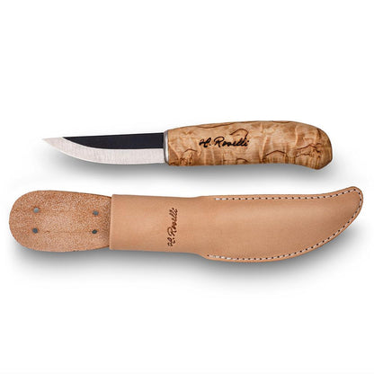 Finsk handgjord kniv "Carpenter knife" I kålstål av Roselli, kommer med ett ljust, finskt handgjort läderfodral 
