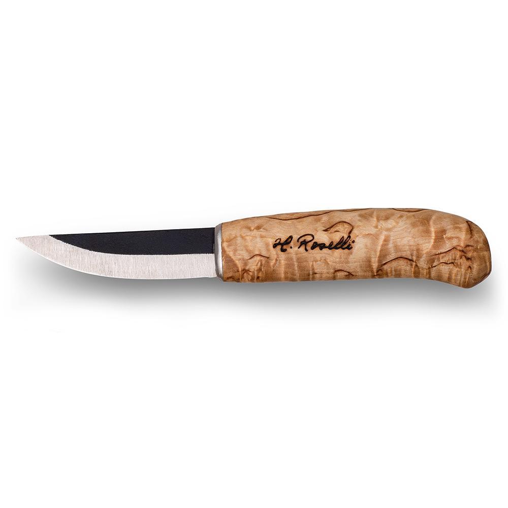 Finsk handgjord kniv "Carpenter knife" I kålstål av Roselli liggandes i ett ljust, finskt handgjort läderfodral och svart presentförpackning  med en slipsten