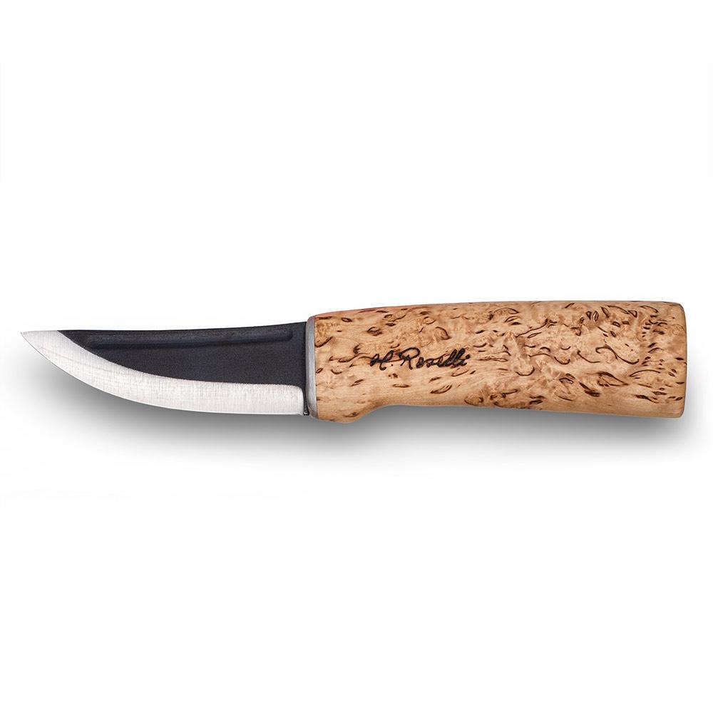 Finsk handgjord jaktkniv av Roselli i kålstål som kommer med ett ljust, finskt naturgarvat läderfodral i svart presentförpackning och med en slipsten 
