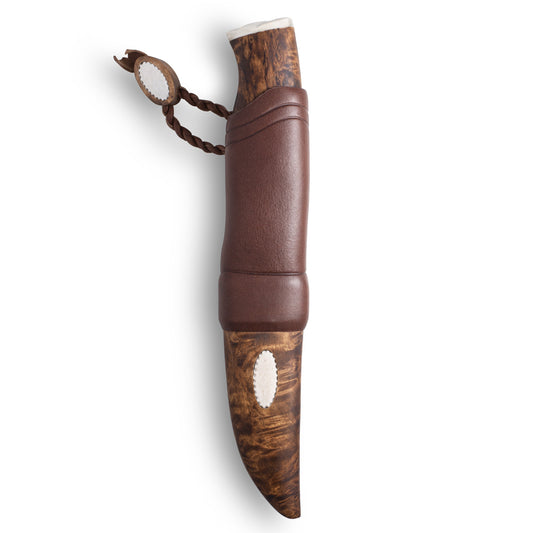 Finsk handgjord jaktkniv med detaljer av renhornsmycke från Roselli i modellen "hunting knife nalle renhorn"